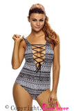 MONOCHROME PICTOGRAPHIC LACE UP V NECK TEDDY SWIMWEAR