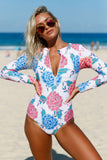 PINK BLUE PEONY LONG SLEEVE ZIP FRONT ONE PIECE SWIMSUIT
