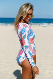 PINK BLUE PEONY LONG SLEEVE ZIP FRONT ONE PIECE SWIMSUIT