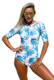 ABSTRACT PRINT ZIP FRONT HALF SLEEVE ONE PIECE SWIMSUIT