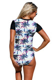 ABSTRACT PRINT ZIP FRONT HALF SLEEVE ONE PIECE SWIMSUIT