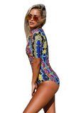 RED BLUE LEAVES ZIP FRONT HALF SLEEVE ONE PIECE SWIMSUIT