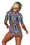 ABSTRACT PRINT ZIP FRONT HALF SLEEVE ONE PIECE SWIMSUIT