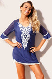 BLUE CROCHET POM POM TRIM BEACH TUNIC COVER UP