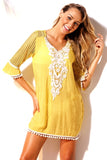 PINEAPPLE CROCHET POM POM TRIM BEACH TUNIC COVER UP