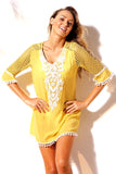 PINEAPPLE CROCHET POM POM TRIM BEACH TUNIC COVER UP