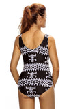 MONOCHROME PICTOGRAPHIC LACE UP V NECK TEDDY SWIMWEAR