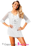 WHITE CROCHET POM POM TRIM BEACH TUNIC COVER UP