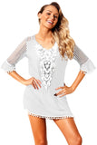 WHITE CROCHET POM POM TRIM BEACH TUNIC COVER UP
