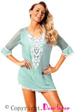 GREEN CROCHET POM POM TRIM BEACH TUNIC COVER UP