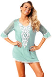 GREEN CROCHET POM POM TRIM BEACH TUNIC COVER UP