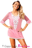 PINK CROCHET POM POM TRIM BEACH TUNIC COVER UP