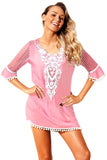 PINK CROCHET POM POM TRIM BEACH TUNIC COVER UP