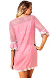 PINK CROCHET POM POM TRIM BEACH TUNIC COVER UP