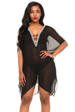 DELICATE EMBROIDERY BLACK COLD SHOULDER SHEER MESH COVER UP