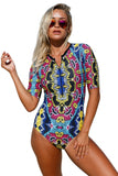 RED BLUE LEAVES ZIP FRONT HALF SLEEVE ONE PIECE SWIMSUIT
