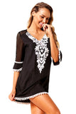 BLACK CROCHET POM POM TRIM BEACH TUNIC COVER UP