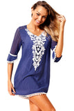 BLUE CROCHET POM POM TRIM BEACH TUNIC COVER UP