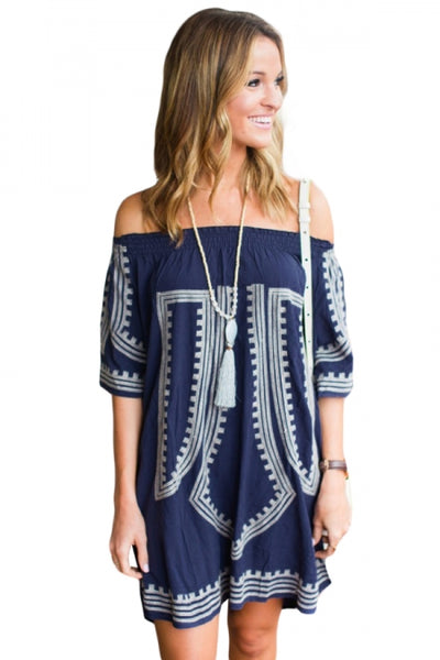BOHEMIAN VIBE GEOMETRIC PRINT OFF THE SHOULDER BEACH DRESS