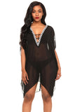 DELICATE EMBROIDERY BLACK COLD SHOULDER SHEER MESH COVER UP