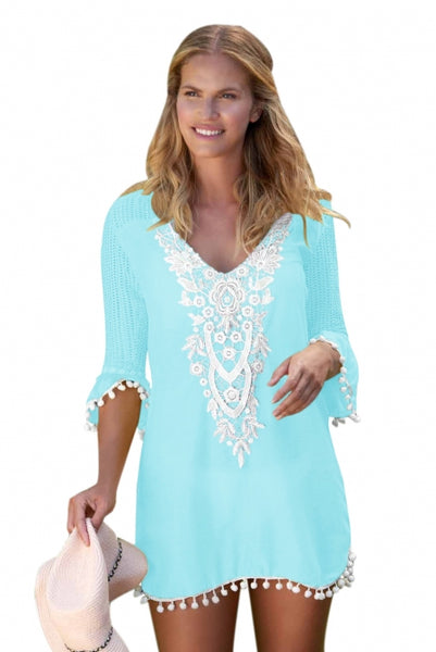 LIGHT BLUE CROCHET POM POM TRIM BEACH TUNIC COVER UP