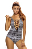 MONOCHROME PICTOGRAPHIC LACE UP V NECK TEDDY SWIMWEAR