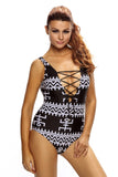 MONOCHROME PICTOGRAPHIC LACE UP V NECK TEDDY SWIMWEAR