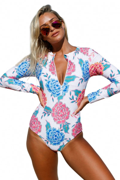 PINK BLUE PEONY LONG SLEEVE ZIP FRONT ONE PIECE SWIMSUIT