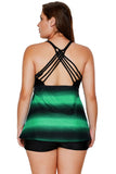GREEN BLUISH STRAPPY HOLLOW-OUT BACK PLUS SIZE TANKINI